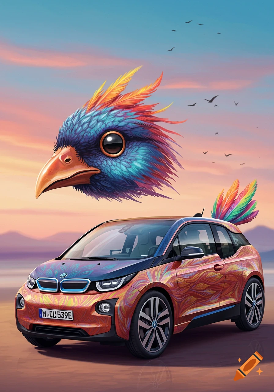 A colorful bird head floats above a decorated car.
