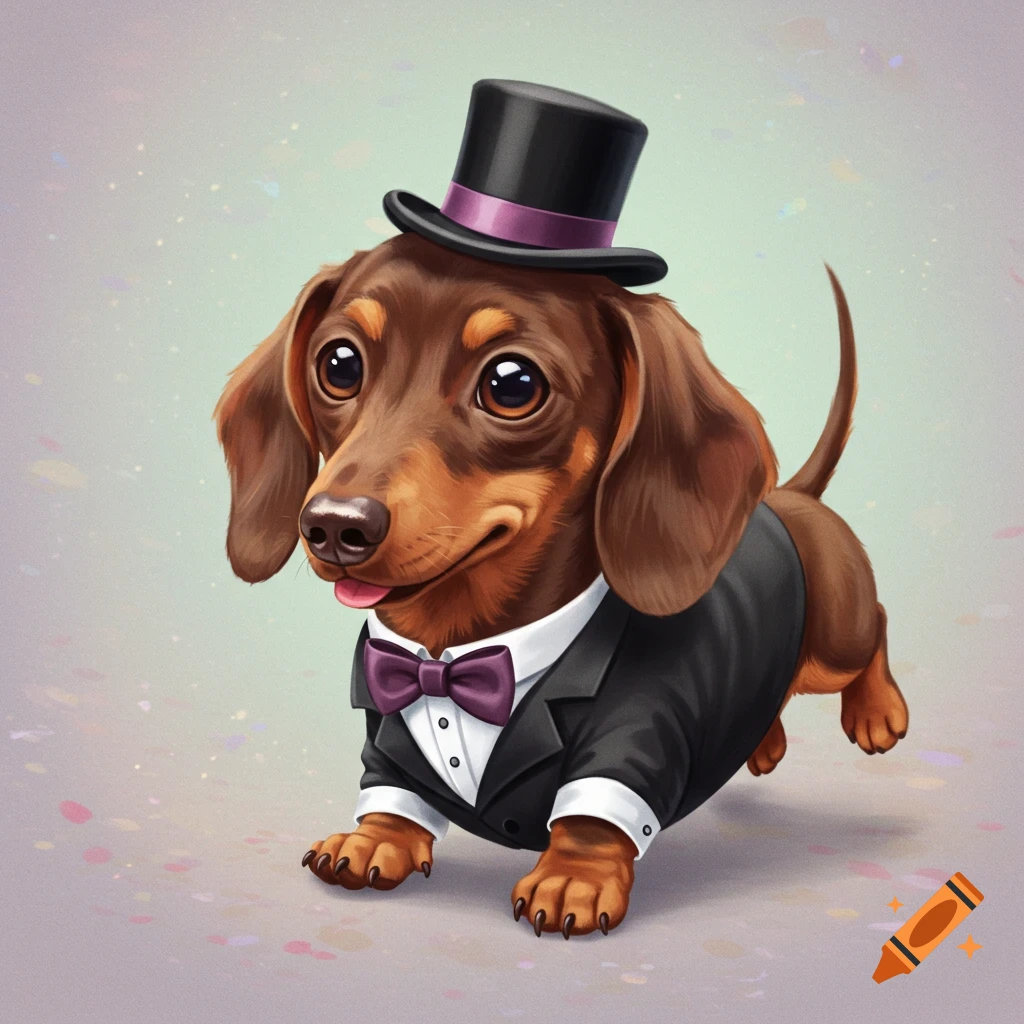 A brown dachshund dog wearing a tuxedo and top hat.