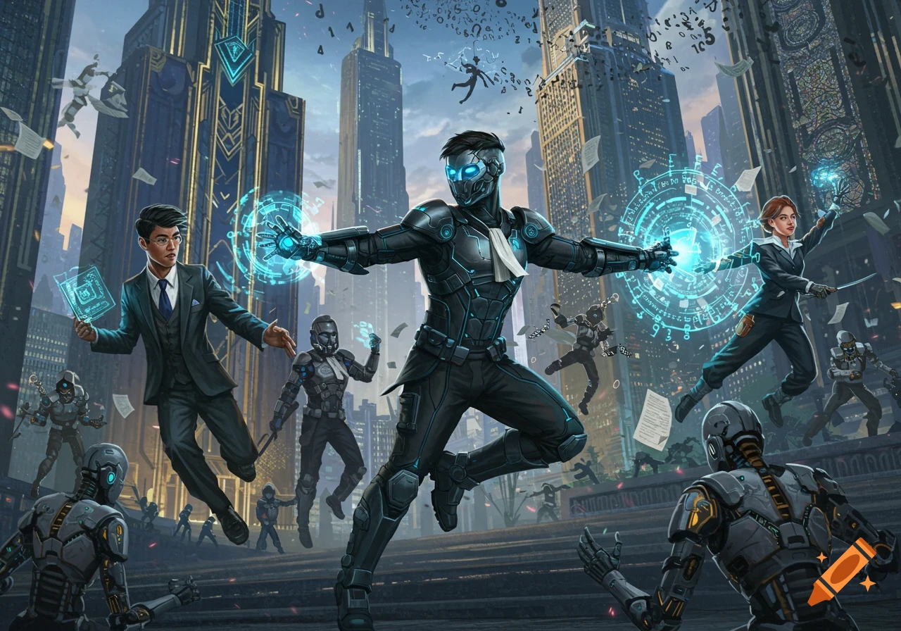 AI superheroes (lawyers/paralegals) with glowing tech in a futuristic Art Deco city.