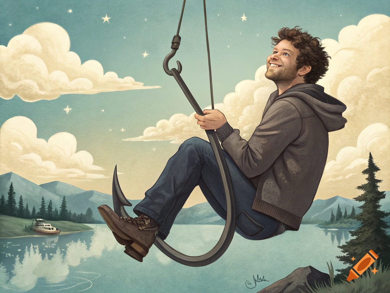 Stylized illustration of a smiling man sitting on a large fishing hook suspended over a lake with mountains and trees in the background.