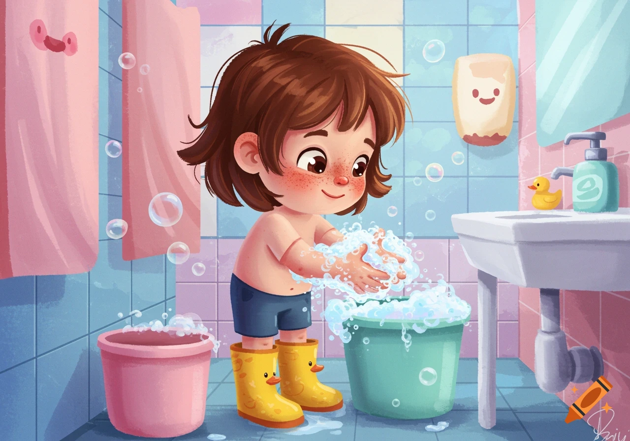 Cartoon illustration of a child with freckles washing hands in a colorful bathroom, wearing rubber duck boots.