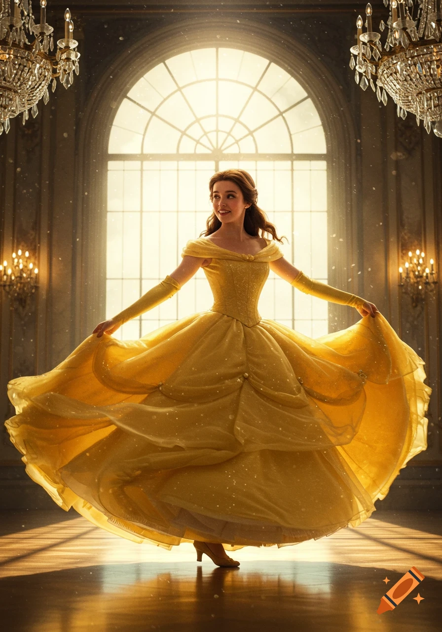 A character resembling Belle in a yellow gown twirls in a sunny ballroom.