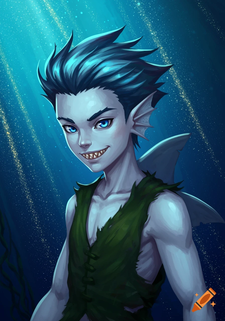 A blue-skinned merman boy with spiky blue hair, fins, and sharp teeth, wearing a green vest underwater.