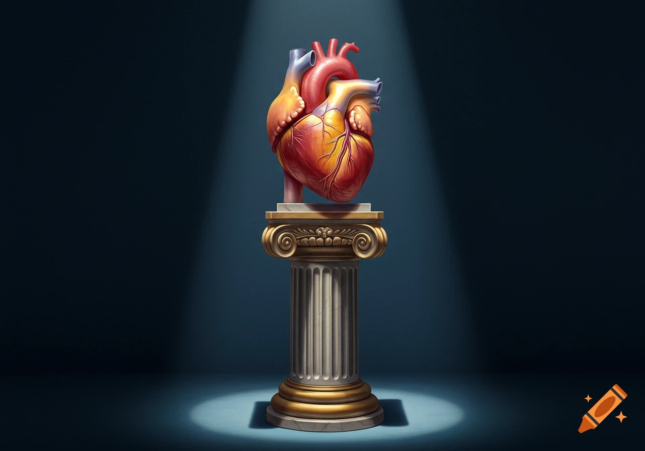 A human heart rests on a pedestal, illuminated by a spotlight.