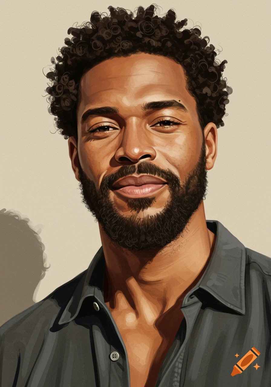 Portrait of a man with curly hair and beard.
