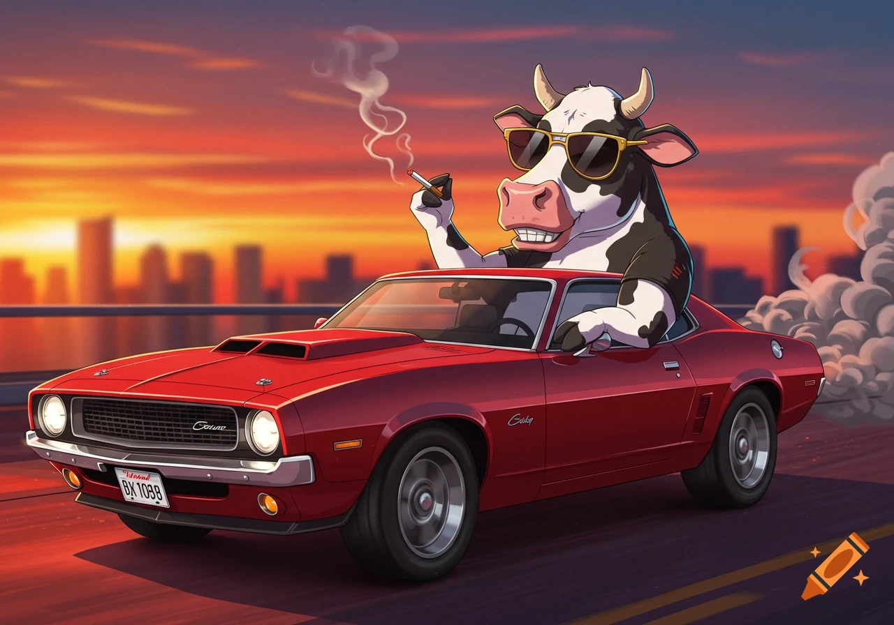 Cartoon cow in sunglasses smoking a cigarette while driving a red muscle car at sunset.