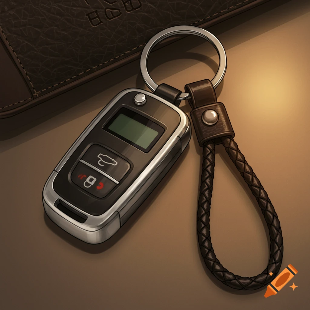 A modern car key with a braided leather keychain lies next to a brown leather object. Detailed illustration.
