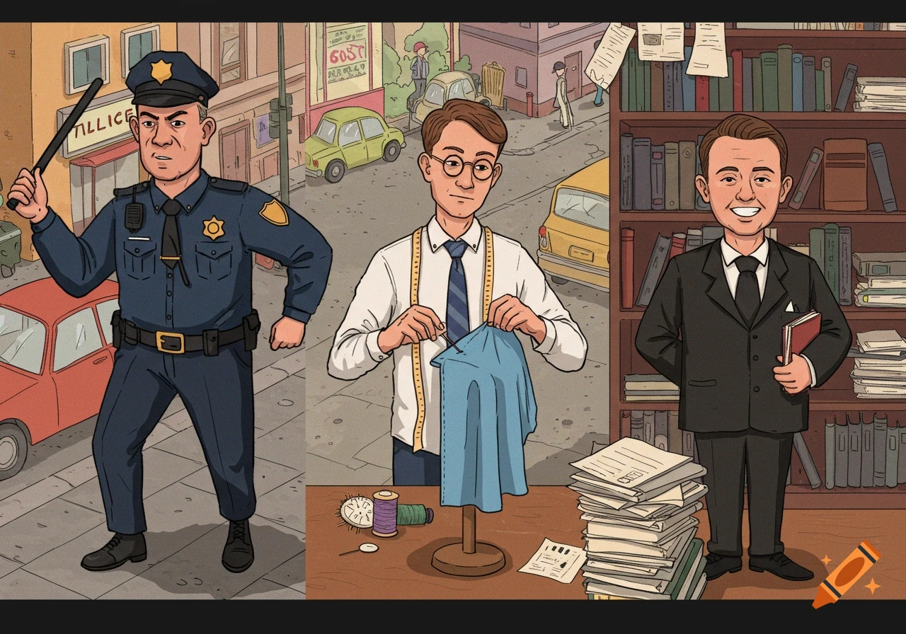 Cartoon illustration of three men: a police officer, a tailor, and a lawyer with books.