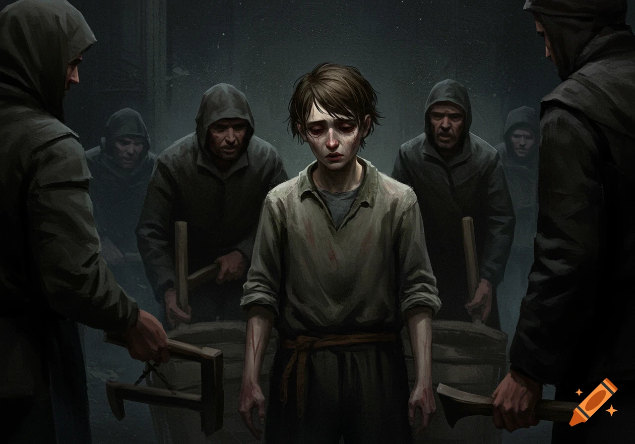 A distressed young person is surrounded by hooded figures.