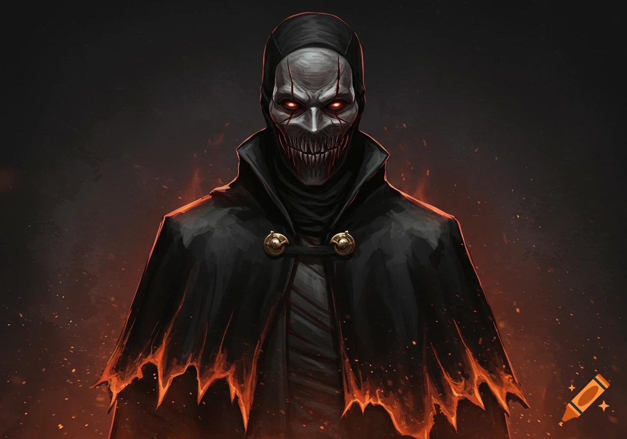 A dark fantasy villain with a mask, glowing red eyes, sharp teeth, and a burnt cape.