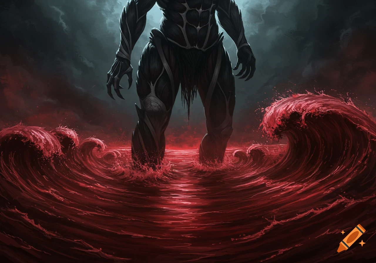 A Shadow Titan stands in a stormy blood-red sea.