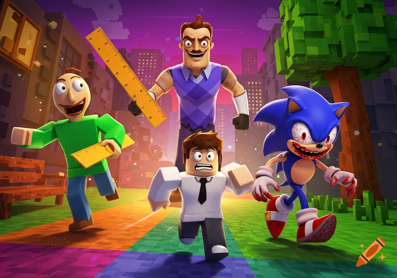 Characters resembling Baldi, The Neighbor, a Roblox avatar, and Sonic.exe run on a colorful path in a stylized city and forest.