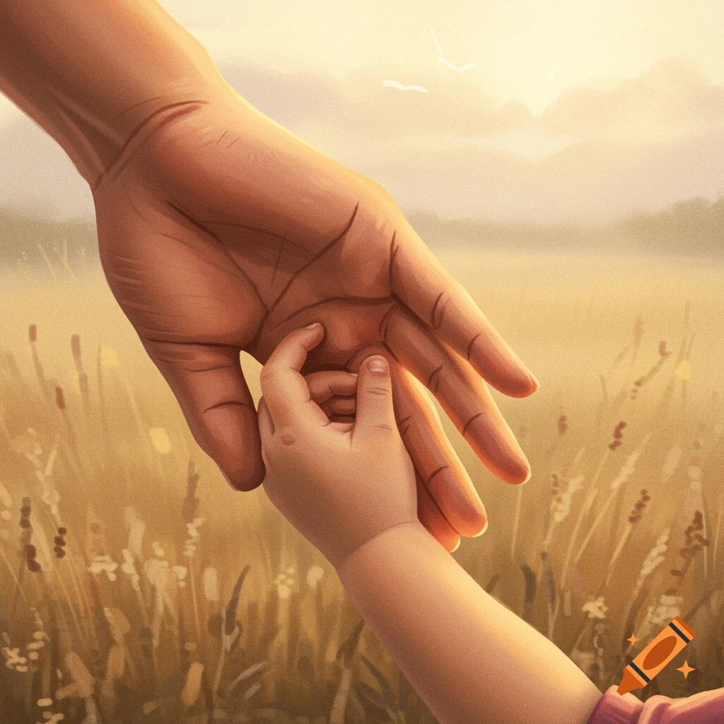 Close-up of an adult hand holding a child's hand in a golden field.