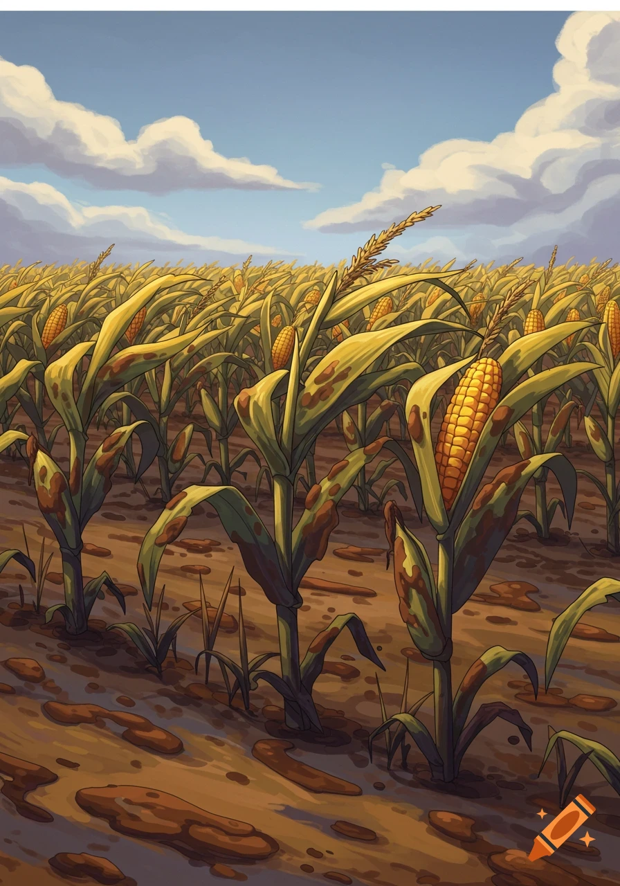 Animated illustration of a muddy cornfield under a cloudy sky.