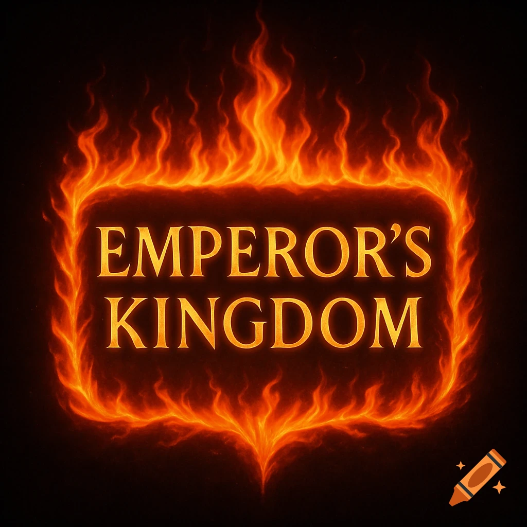The words EMPEROR'S KINGDOM in glowing text surrounded by a fiery border.