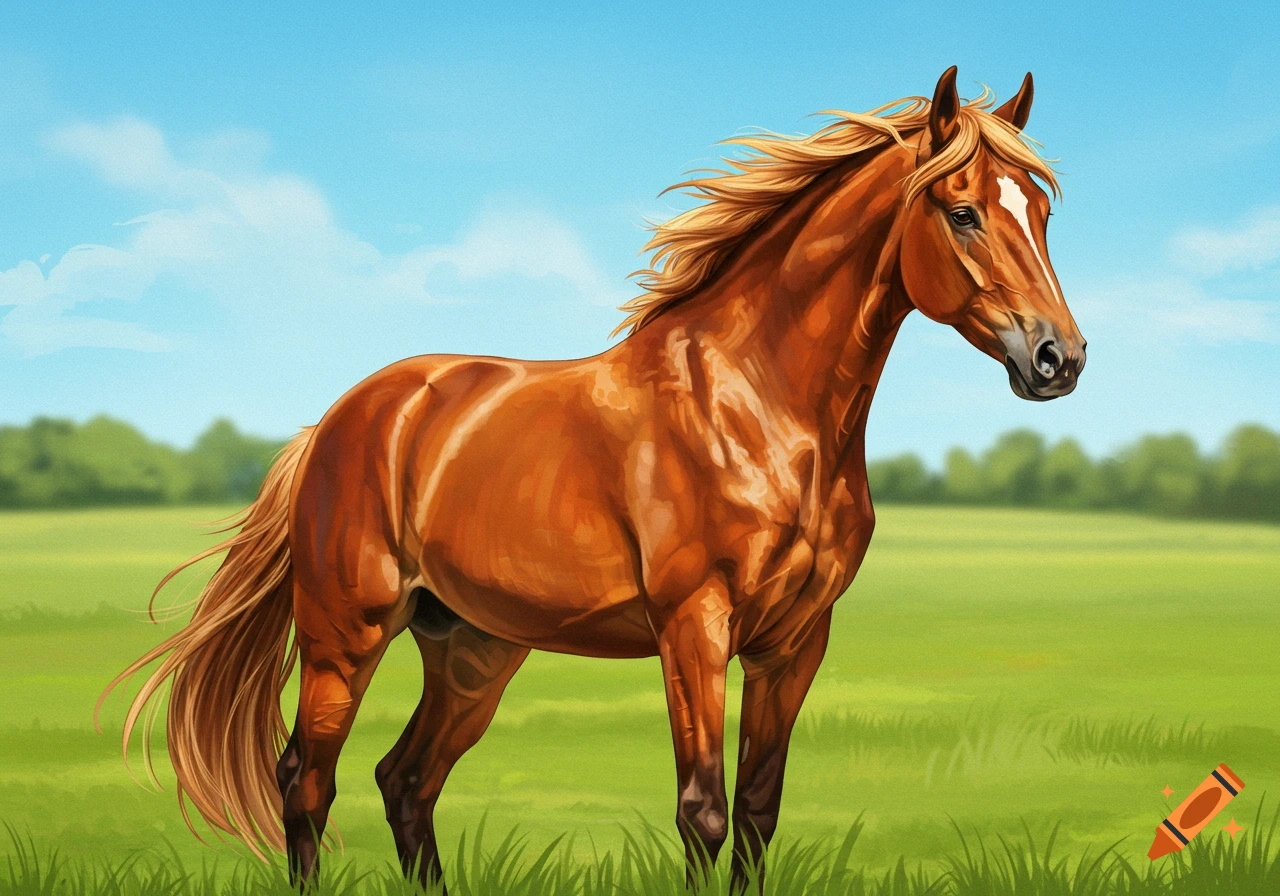 A brown horse stands in a green field under a blue sky.