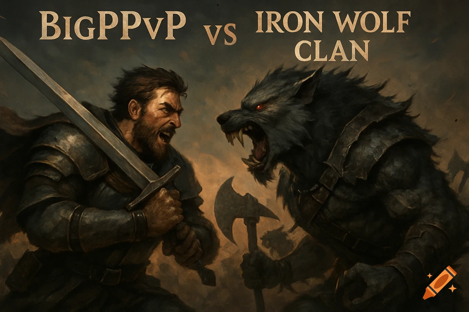 A human warrior fighting a werewolf, with text BIGPPVP VS IRON WOLF CLAN above.