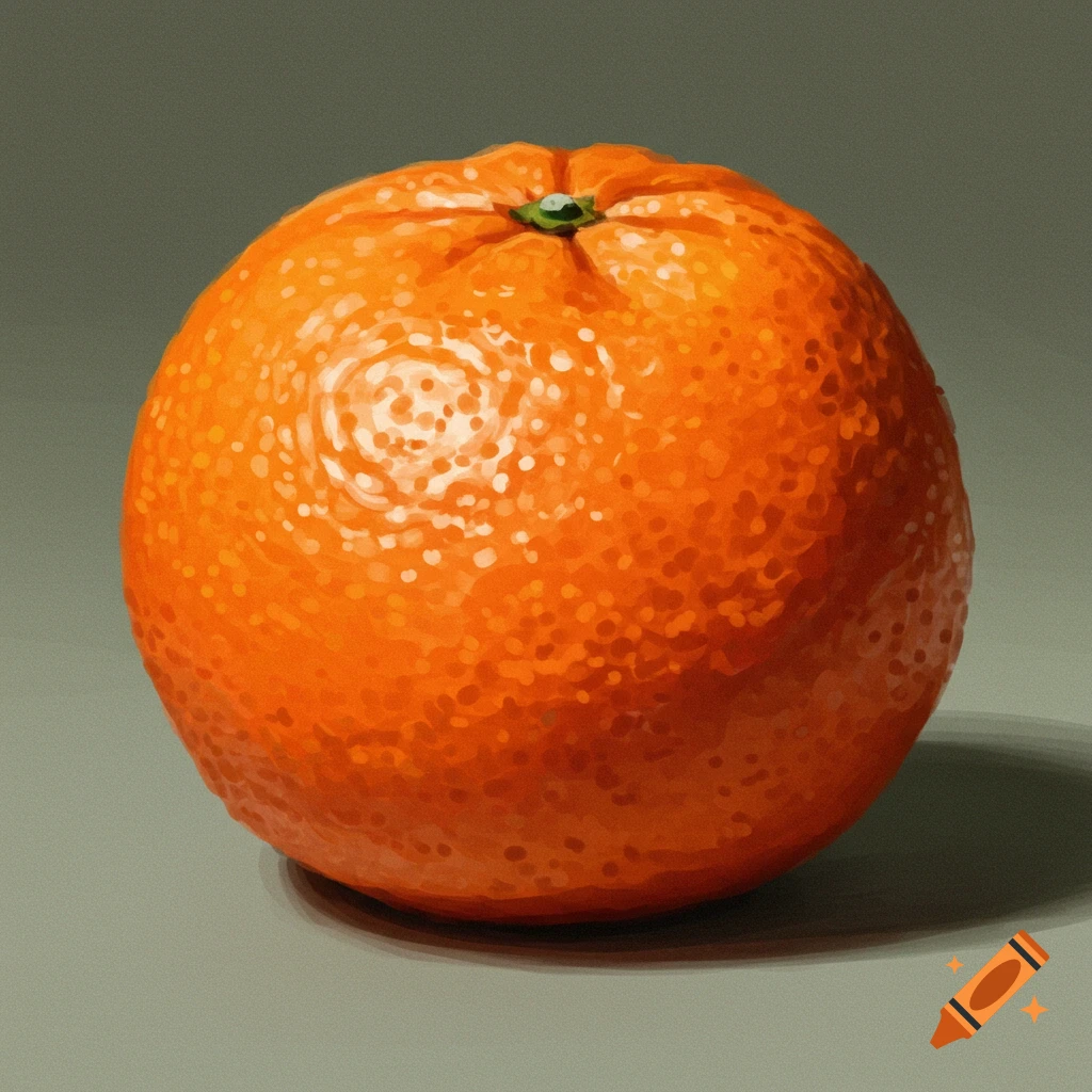 A single orange fruit sits on a grey background, rendered in a painterly style.