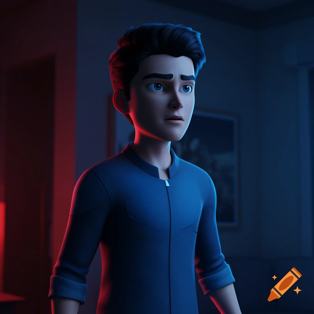 3D animated young man with black hair in blue jacket looks apprehensive in dimly lit room with red and blue light.
