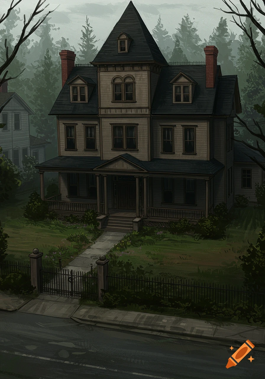 Illustration of a large, old house with a fence and trees under a gray sky.