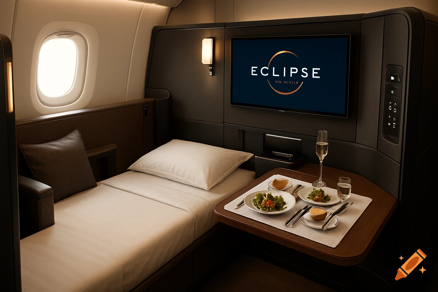 Luxurious airplane first class suite with bed, dining table, and TV screen.
