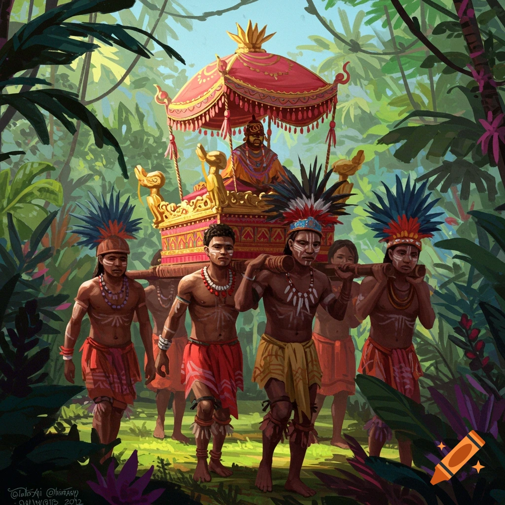 Several people are carrying a decorated palanquin through a lush jungle.