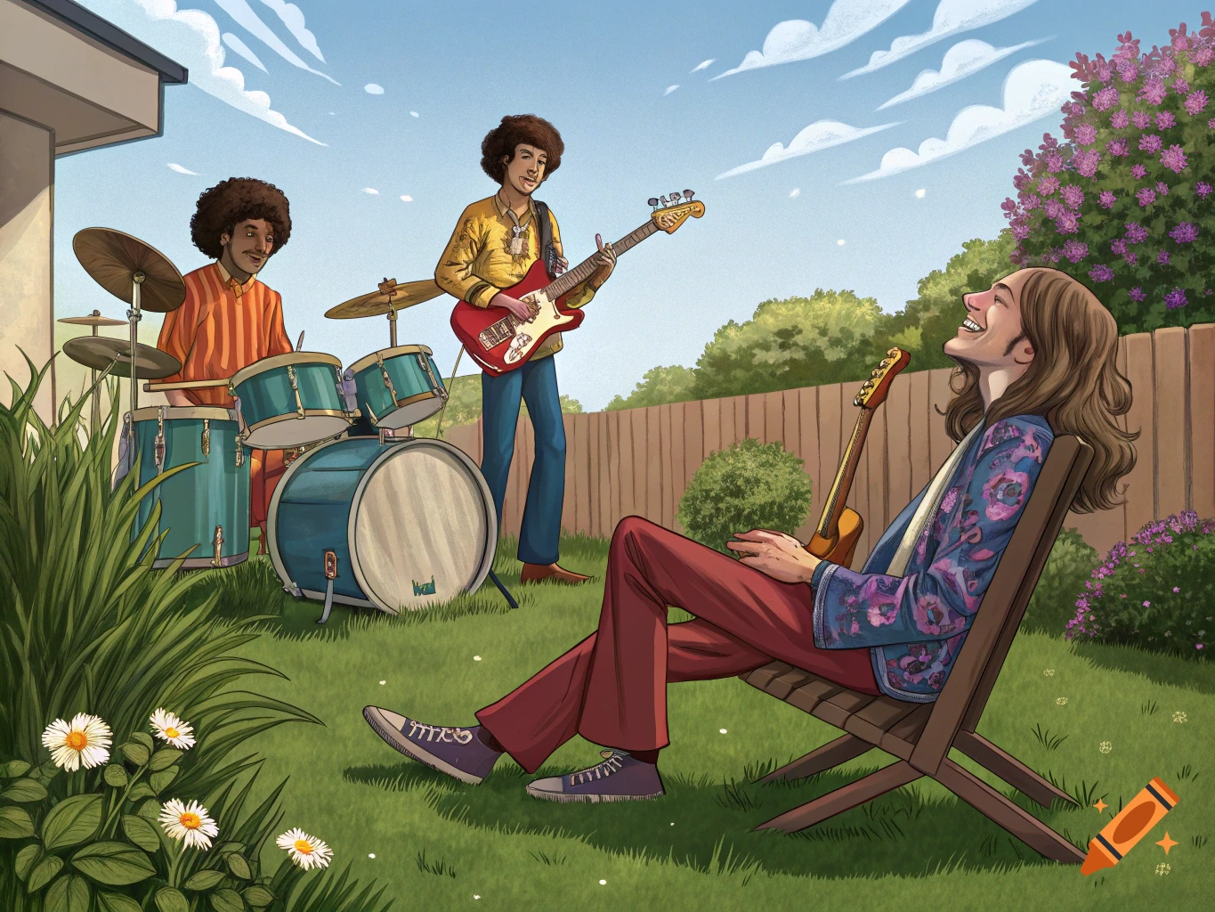 Illustration of a band playing music in a garden for a person relaxing in a chair.