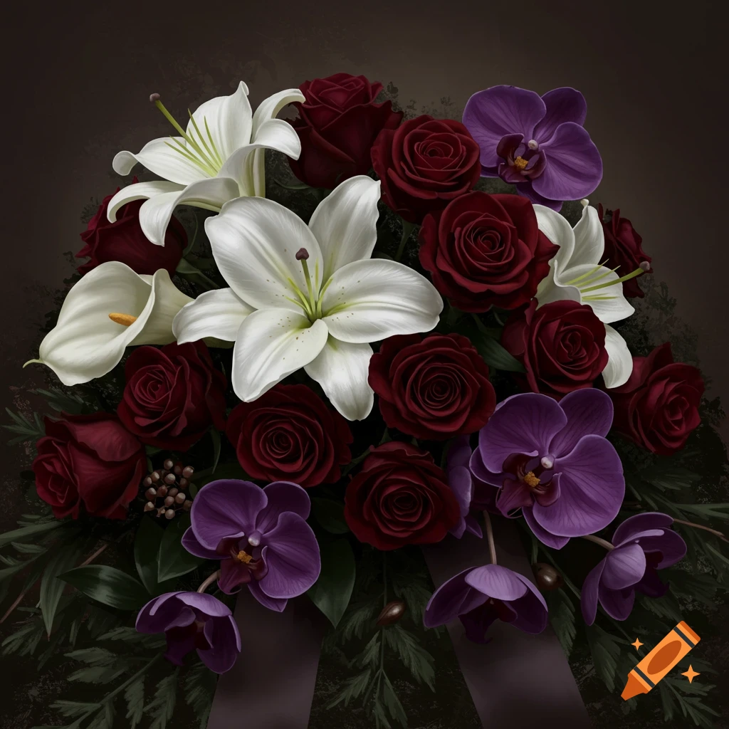 A close-up of a digital illustration of a funeral floral arrangement with red roses, white lilies, and purple orchids.