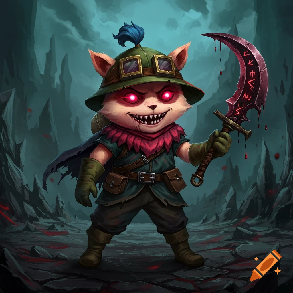 Fantasy creature in hat and goggles with glowing eyes, holding a bloody sword in a dark landscape.