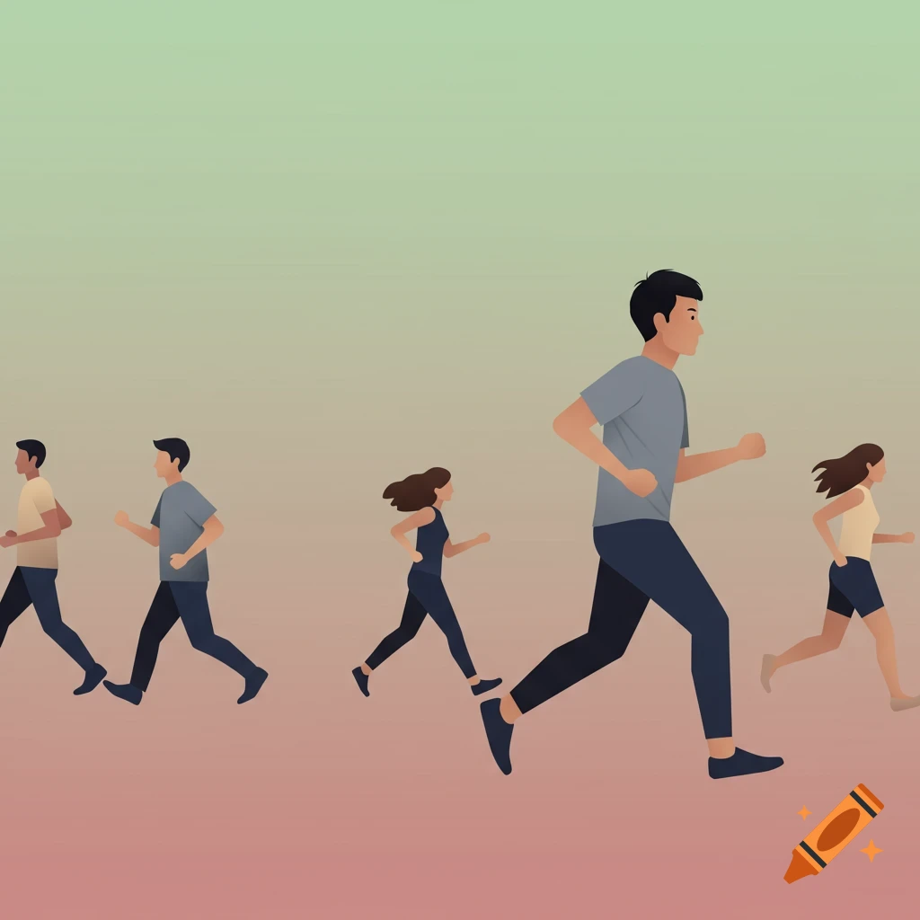 Minimalist digital illustration of several people running against a gradient background.