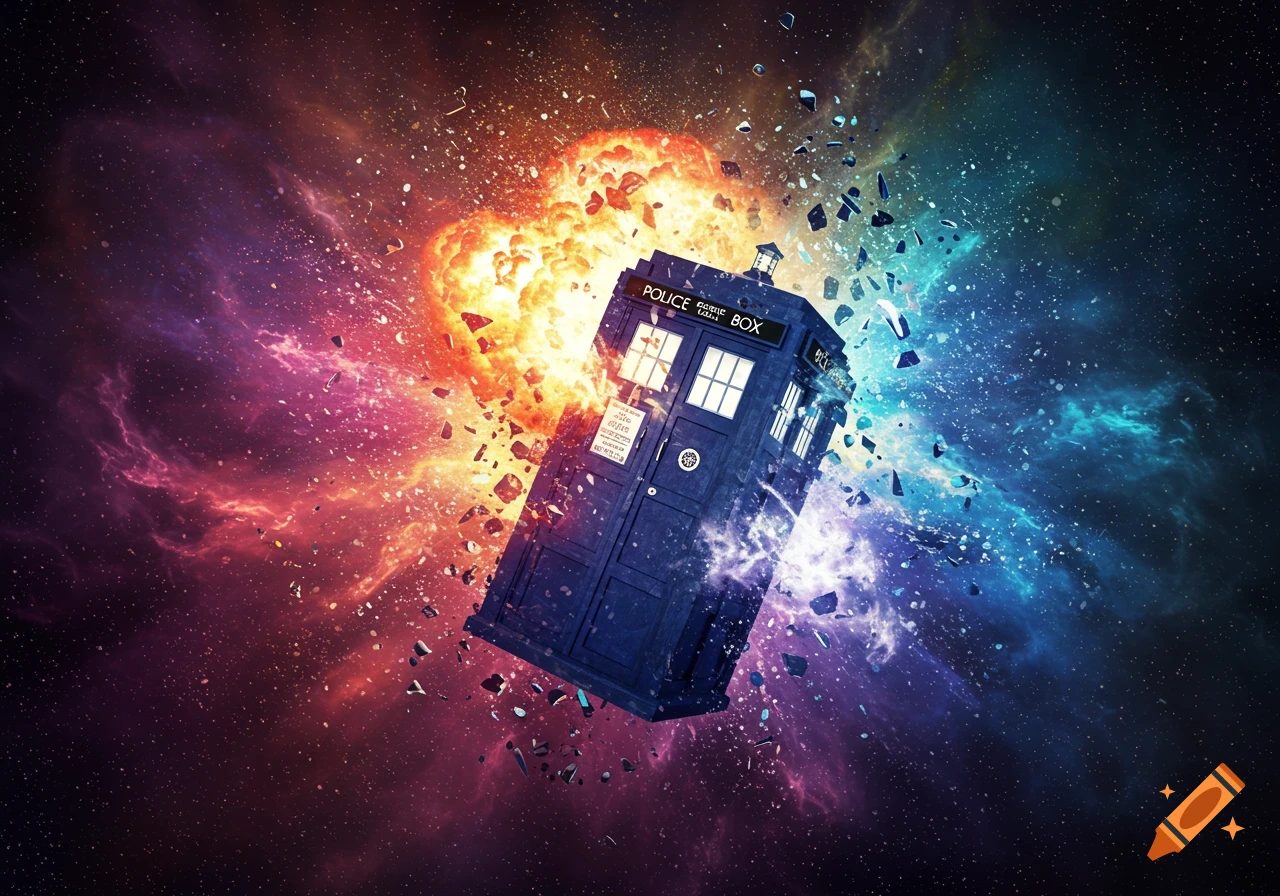 The blue TARDIS explodes in space surrounded by colorful nebula and debris.