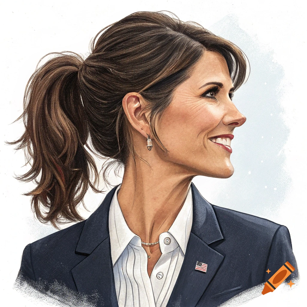 Illustration of a woman with a ponytail wearing a suit and American flag pin, looking right and smiling.