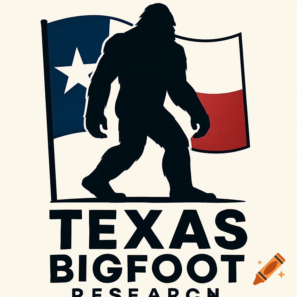 Silhouette of Bigfoot in front of Texas flag with text 'TEXAS BIGFOOT RESEARCH'