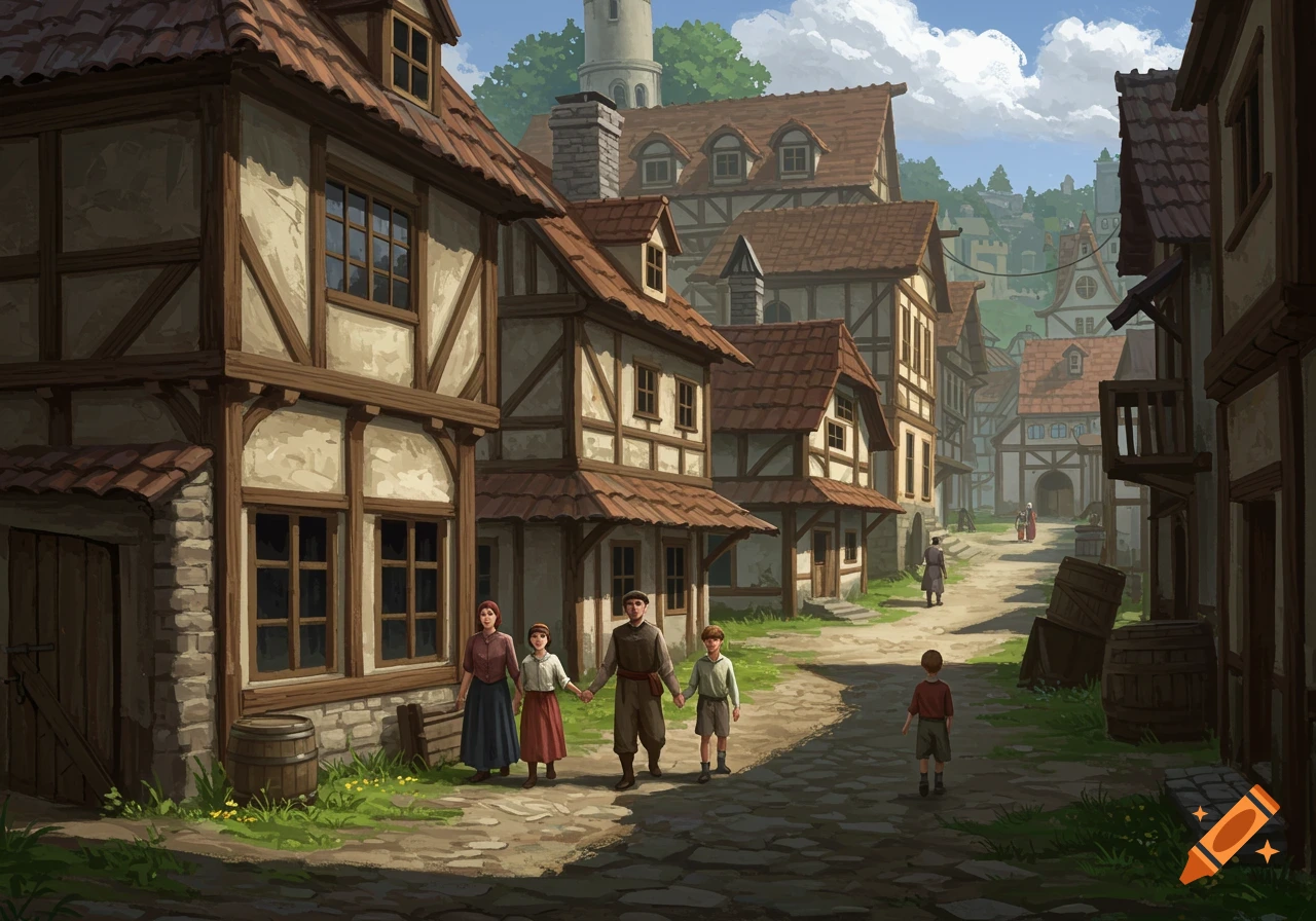 A family walks down a stone street in a medieval town.