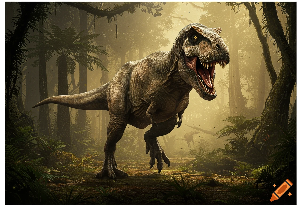 A Tyrannosaurus Rex walking through a misty forest.