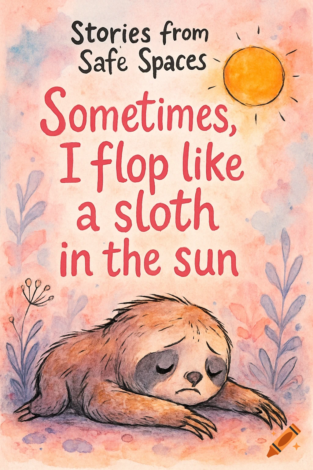 Watercolor children's book cover with sad sloth, sun, and text 'Stories from Safe Spaces' / 'Sometimes, I flop like a sloth in the sun'.