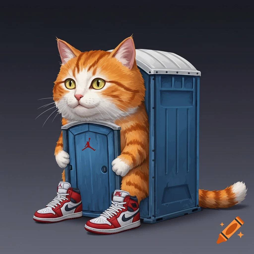 A digital painting of an orange tabby cat wearing red and white sneakers and emerging from a blue porta-potty.