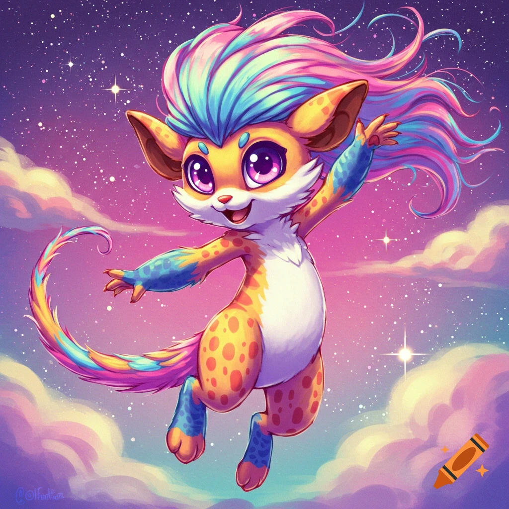 Cartoon illustration of a cute, colorful fantasy creature floating in a starry sky with clouds.
