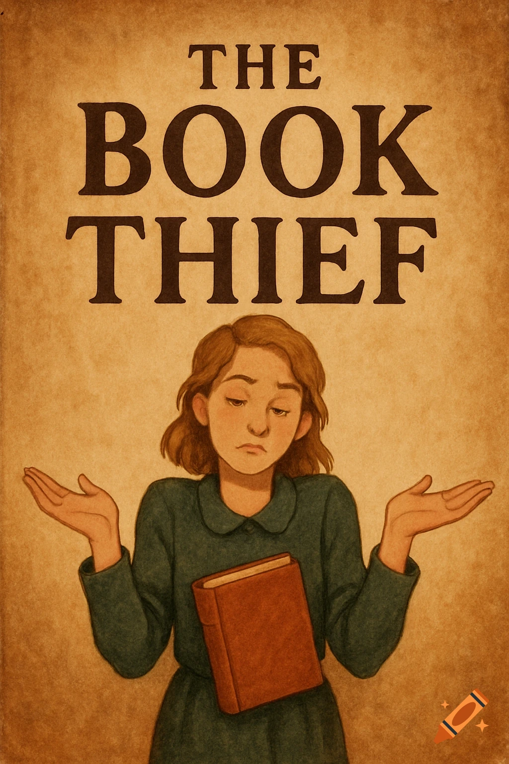 Illustration in a vintage style, like a book cover, showing a girl shrugging while holding a book. Text reads THE BOOK THIEF.