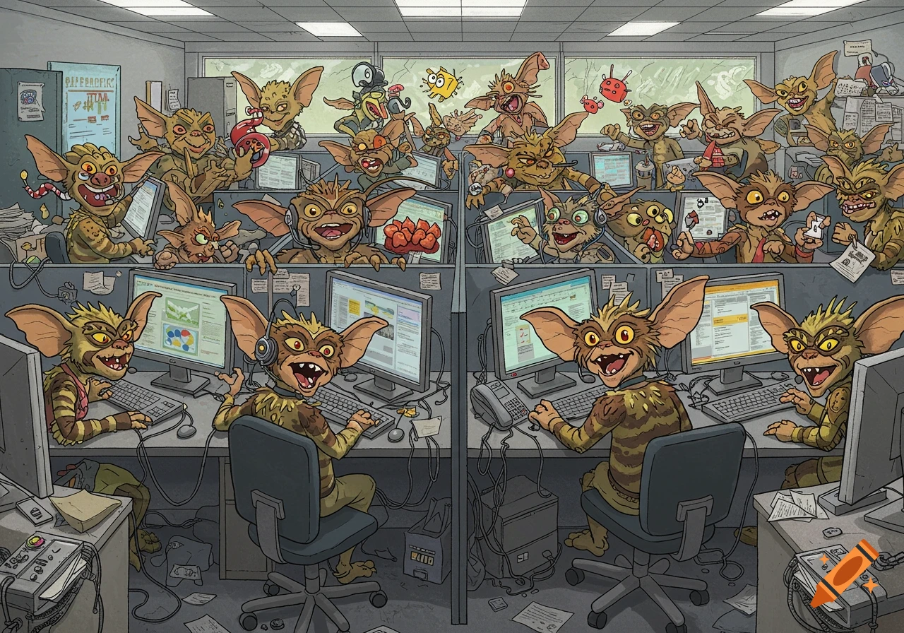 Multiple Gremlins working in a busy office call center, typing on ...