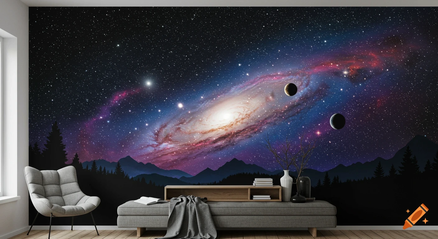 A room wall covered by a mural of a galaxy, stars, and planets above silhouetted mountains and trees, with a chair and ottoman.