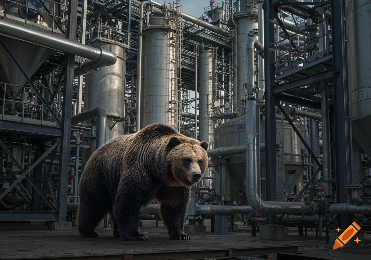 A large grizzly bear stands in the middle of an industrial chemical plant.