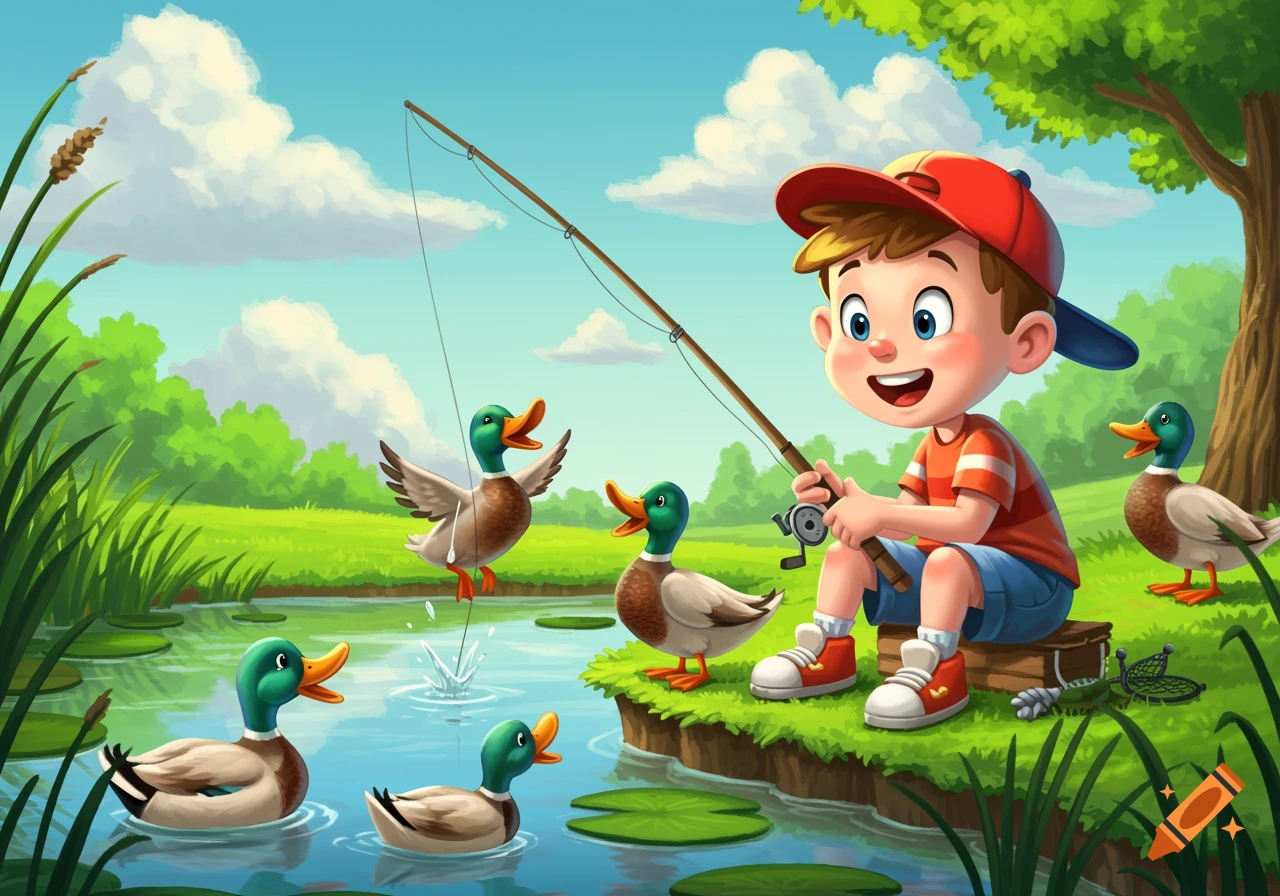 A happy cartoon boy fishes in a pond surrounded by ducks in a grassy, natural setting.