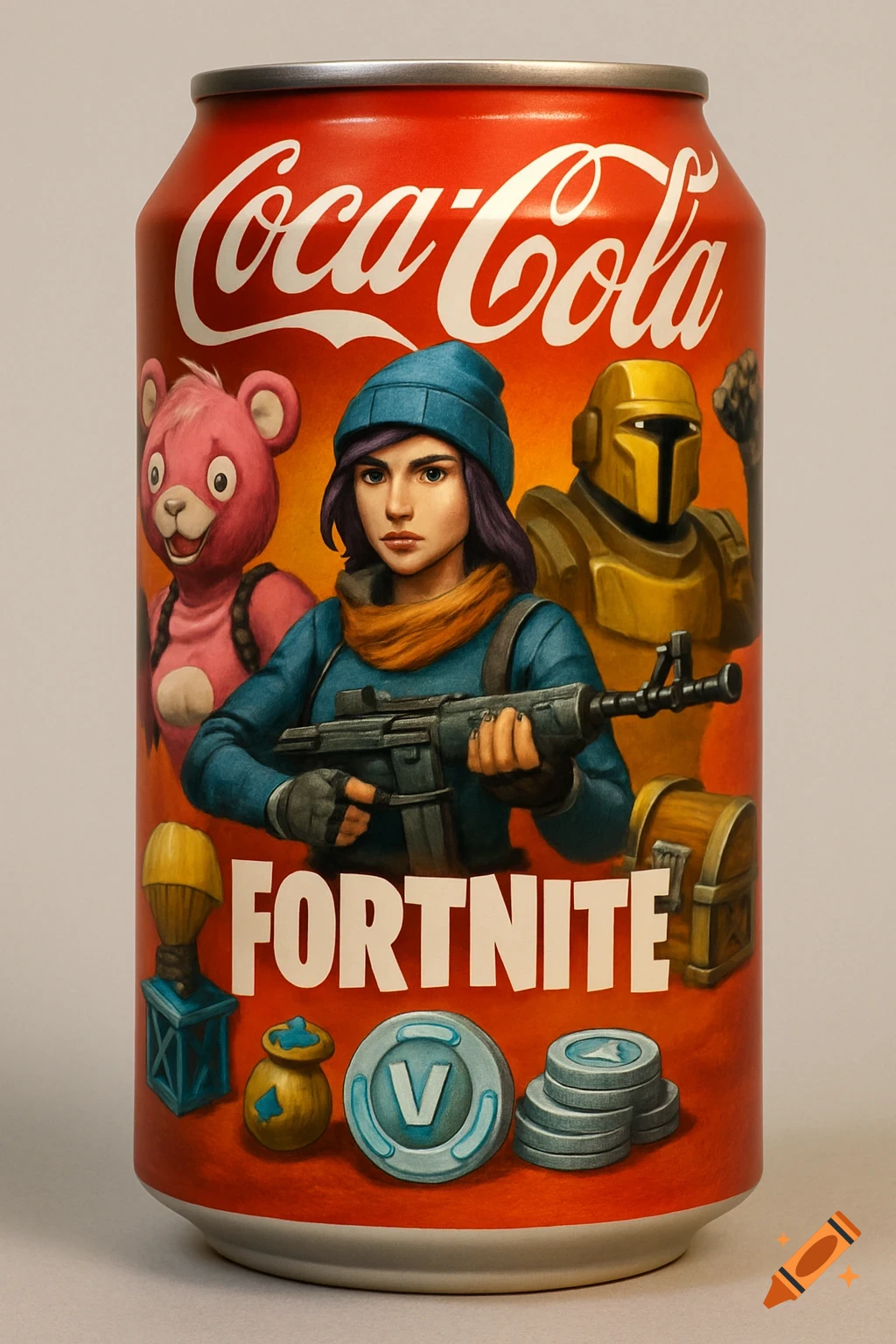 A Coca-Cola can featuring Fortnite characters and game items like V-Bucks.