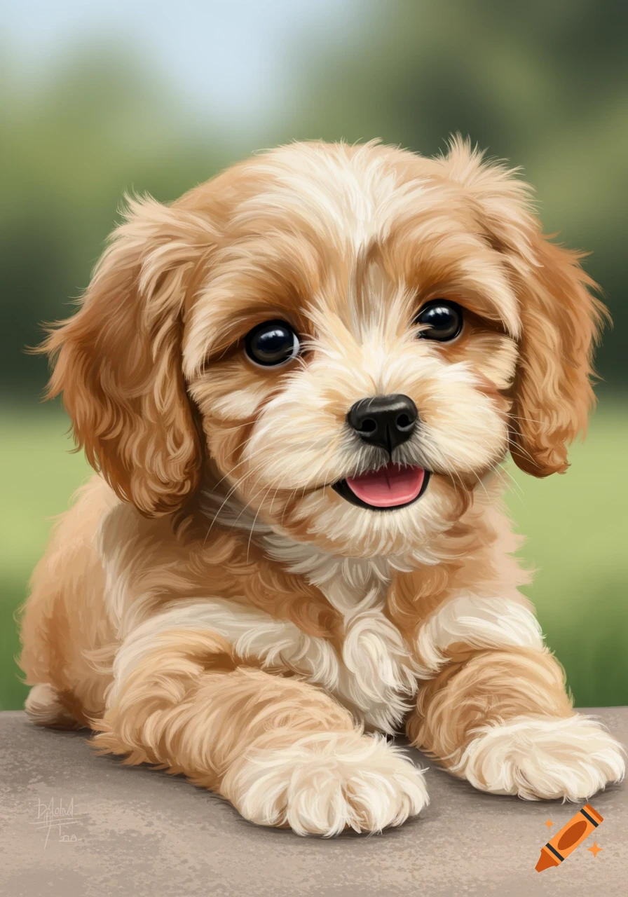 A cute cavapoo puppy lies down, looking forward with big eyes. Digital painting.