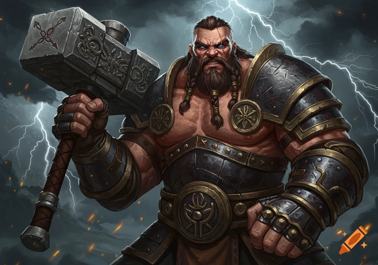 A large fantasy warrior with a beard, wearing armor and holding a war hammer, against a stormy sky with lightning.