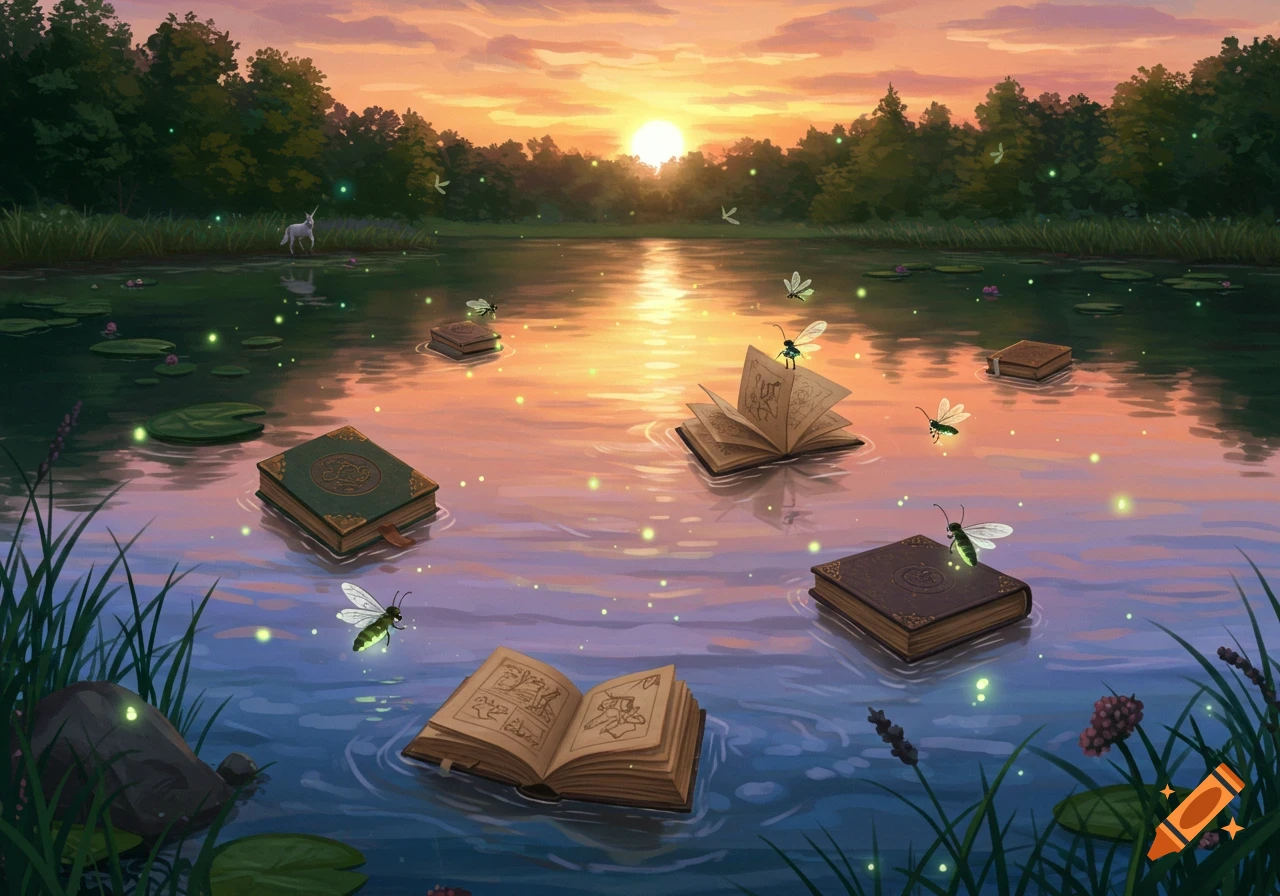 A sunset lake scene featuring floating books, glowing fireflies, and a distant unicorn.