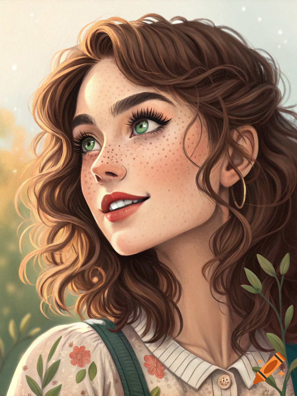 Illustration of a woman with wavy brown hair, green eyes, and freckles looking up.