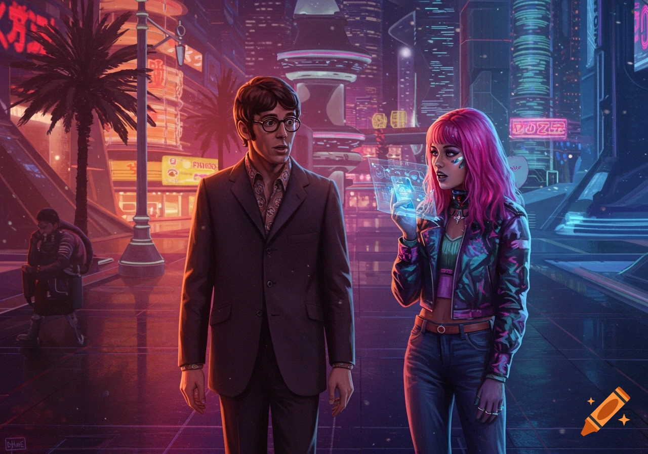 A man in a suit talks to a woman with pink hair holding a screen in a futuristic city.