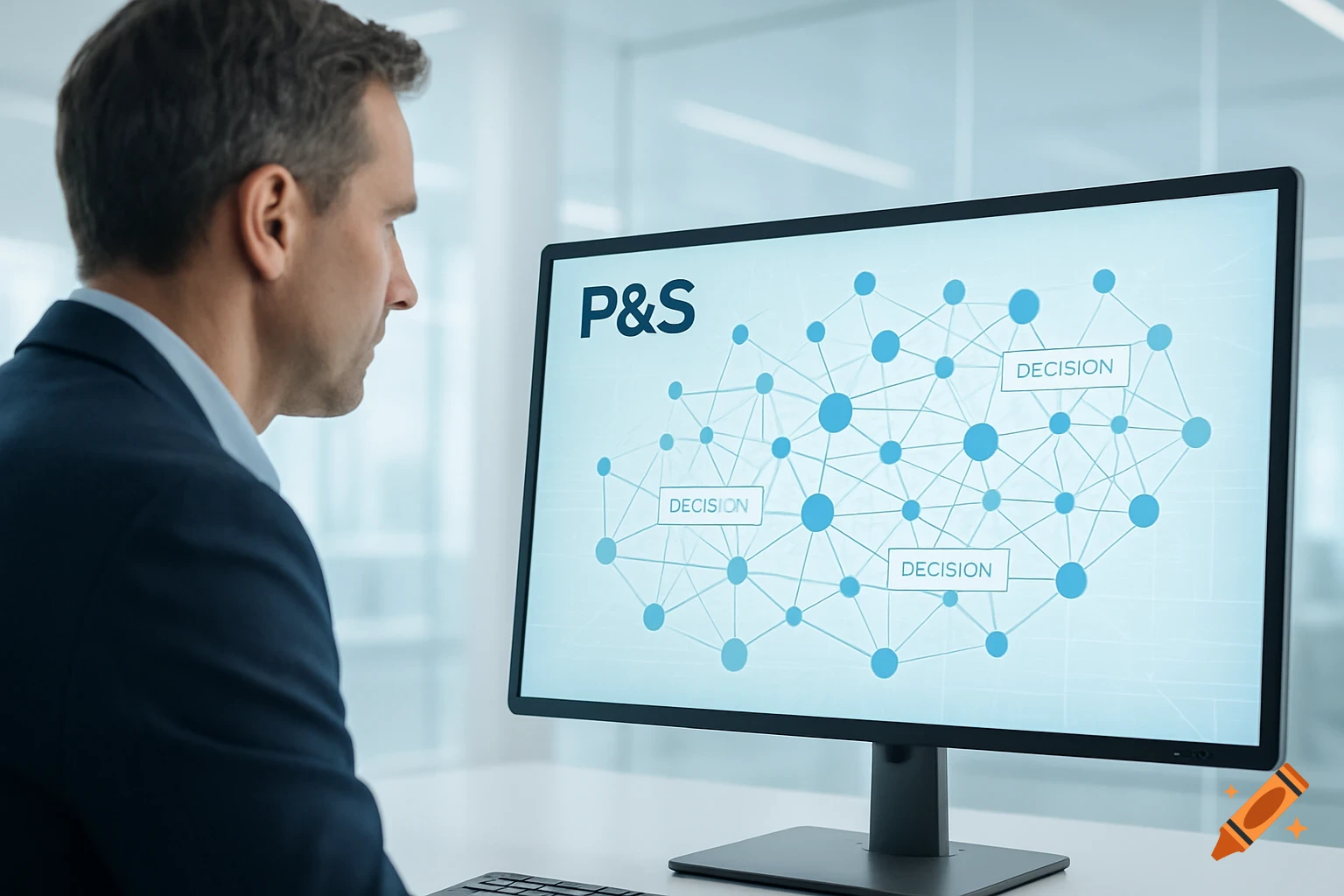 Man looking at a computer screen displaying a network graph with 'P&S' and 'DECISION'.